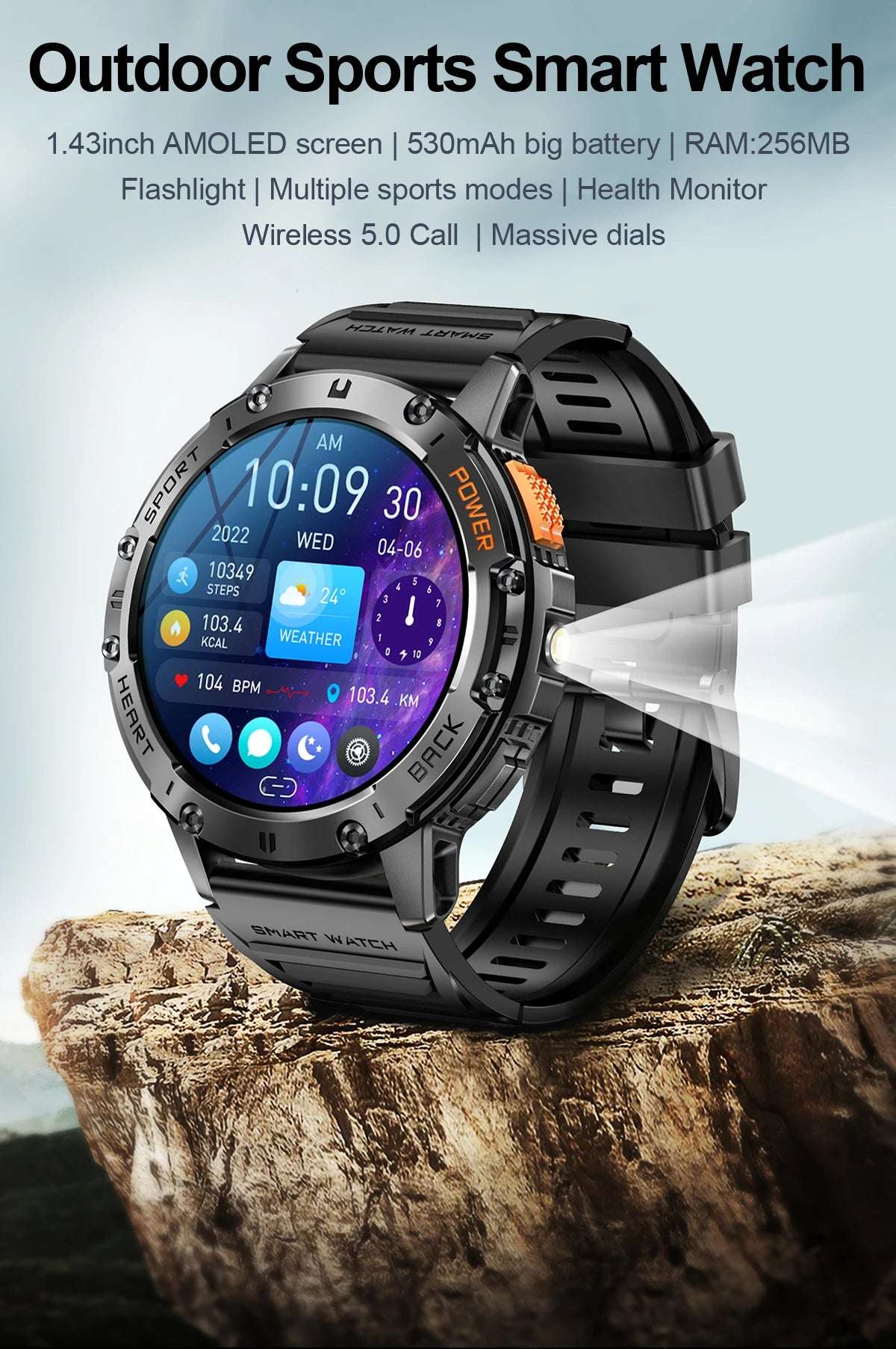 For Huawei Xiaomi New AMOLED Smart Watch Men with Flashlight Sports Waterproof Fitness Tracker Bluetooth Call Smartwatch Man+Box - Mountain ship