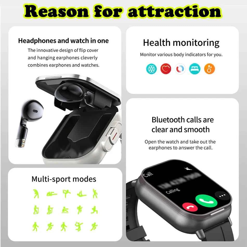 2024 Smart Watch 2 in 1 With Earphone Smartwatch Bluetooth Call Men Watch GPS Track Heart Rate Monitor Play Music SmartWatch - Mountain ship
