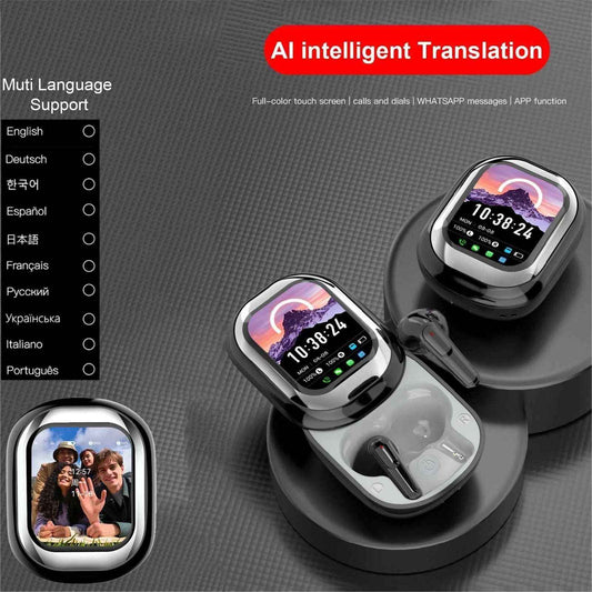 2025 AI Translation Earphones Wireless Bluetooth 5.4 2 Inch Smart Touch Screen Noise Cancellation IPX4 In-Ear Headset - Mountain ship