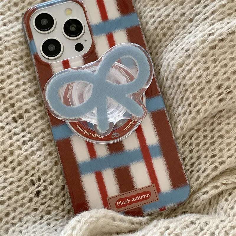 Fashion Plaid Pattern Magnetic Phone Case For iPhone 16 Pro 14 12 13 Pro 15 Max Cover with Cute Bow Holder for Magsafe Cases 14 - Mountain ship