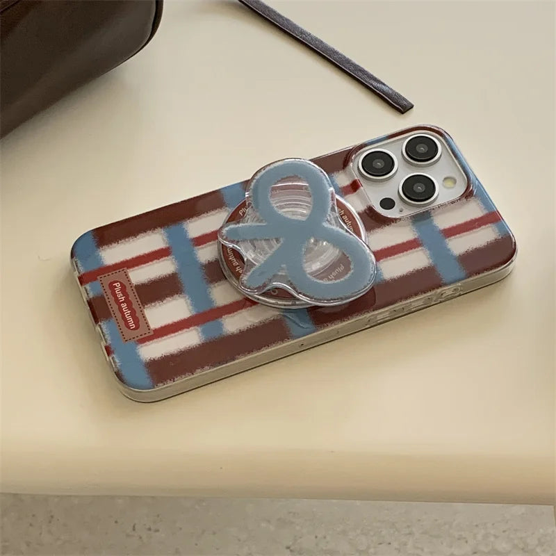 Fashion Plaid Pattern Magnetic Phone Case For iPhone 16 Pro 14 12 13 Pro 15 Max Cover with Cute Bow Holder for Magsafe Cases 14 - Mountain ship