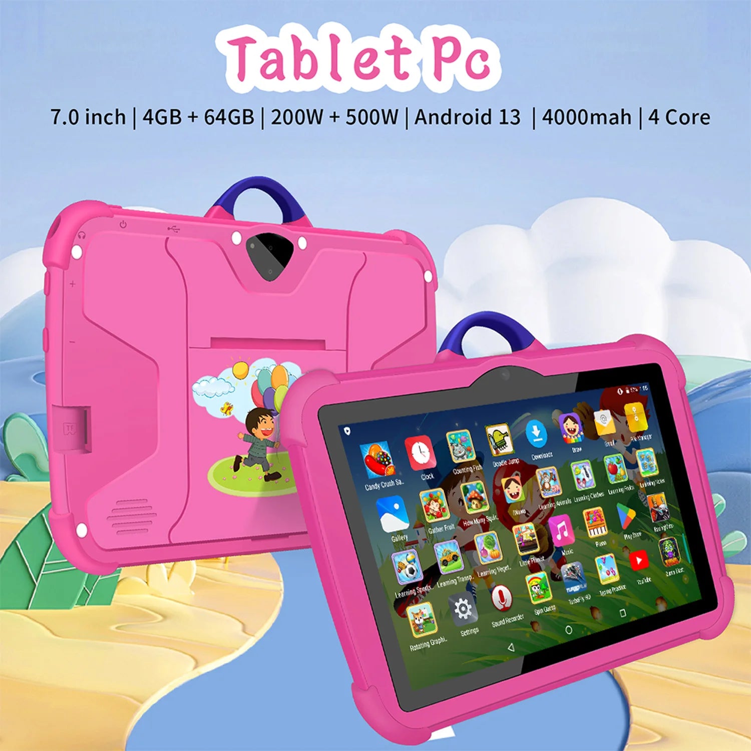 New Cartoon Pattern Kids Tablet 7 Inch Quad Core 4GB RAM 64GB ROM Android Learning Education Games Tablets Children's Gifts - Mountain ship
