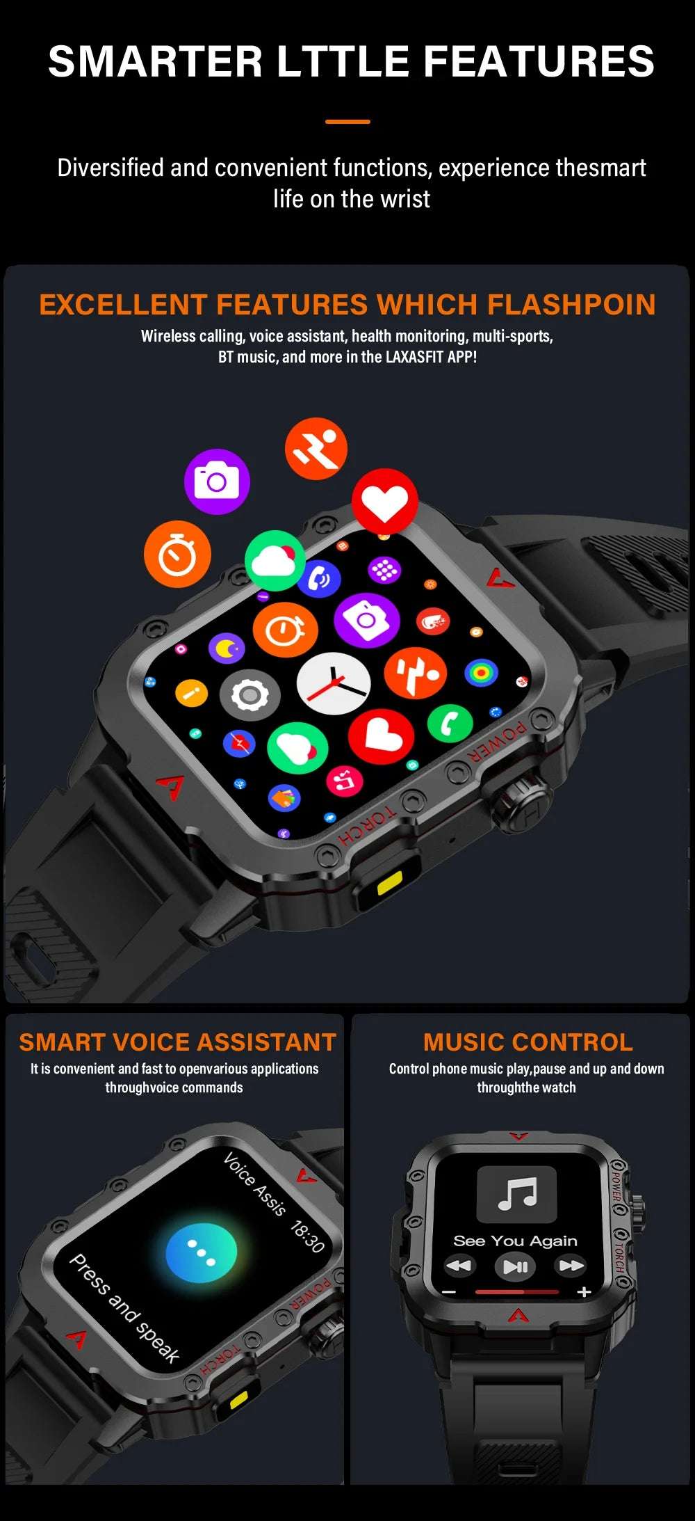 LAXASFIT 2024 Outdoor Military Men's Smart Watch Bluetooth Talk Sports Heart Rate Monitor Smart Watch Android IOS - Mountain ship