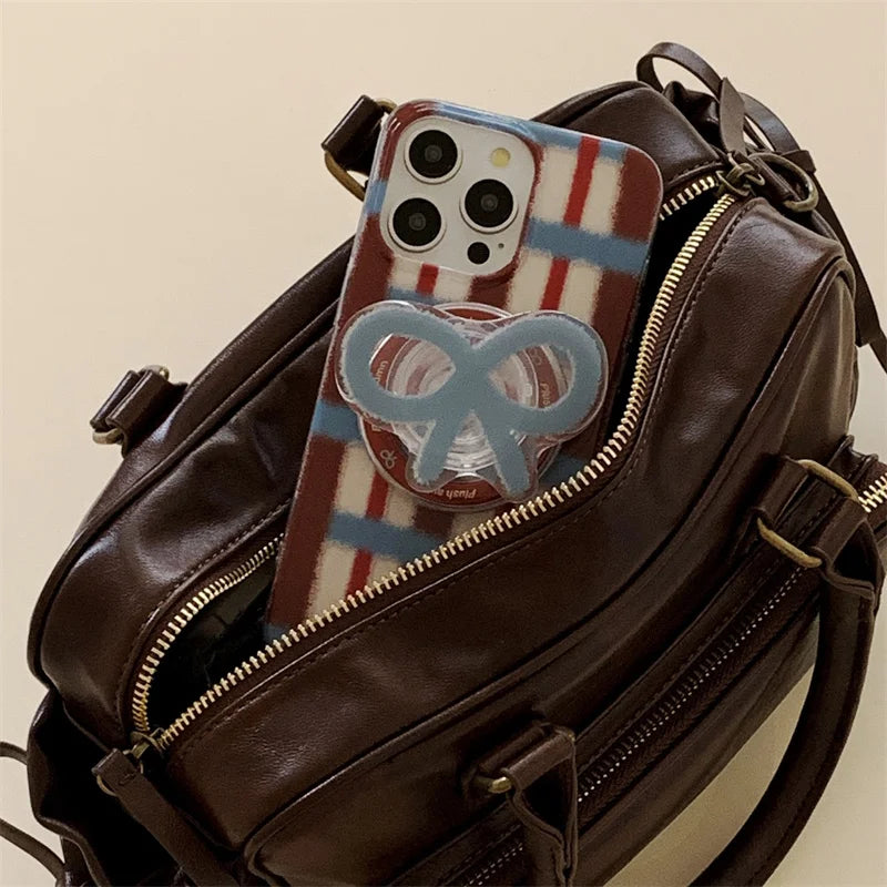 Fashion Plaid Pattern Magnetic Phone Case For iPhone 16 Pro 14 12 13 Pro 15 Max Cover with Cute Bow Holder for Magsafe Cases 14 - Mountain ship