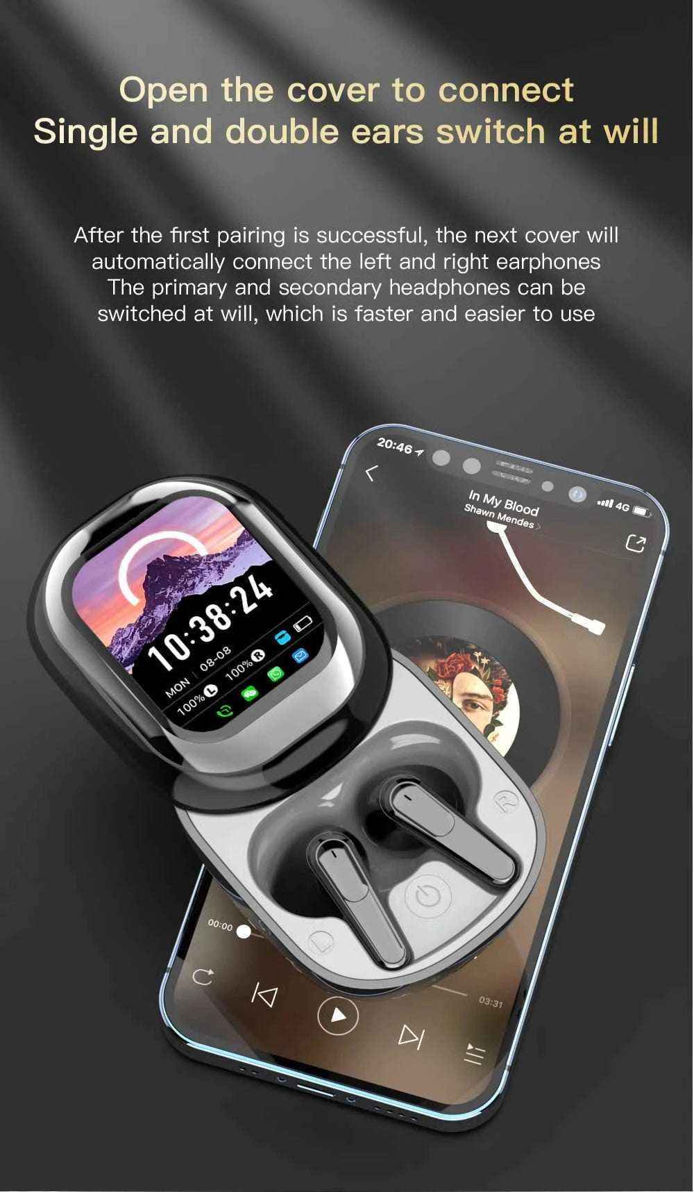 2025 AI Translation Earphones Wireless Bluetooth 5.4 2 Inch Smart Touch Screen Noise Cancellation IPX4 In-Ear Headset - Mountain ship