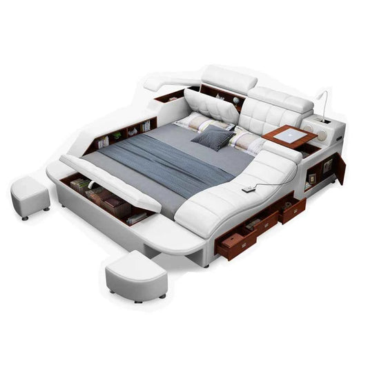 King/Queen Size Multifunctional Bed Tech Smart Beds Ultimate Camas TATAMI Massage Lit Genuine Leather Upholstered Bed with Audio - Mountain ship